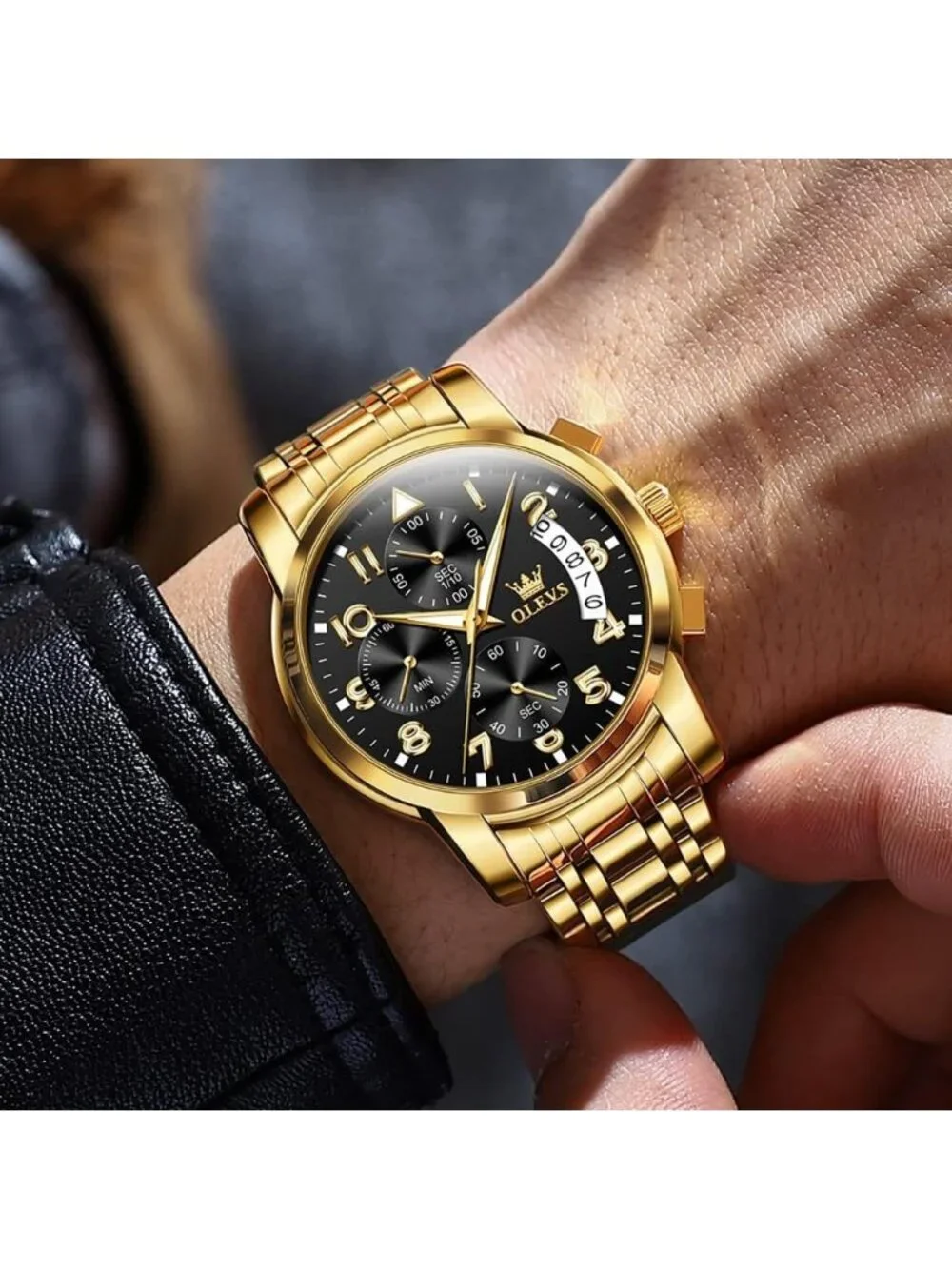 Men's Black Face/Gold Band Stainless Steel Chronograph Waterproof Dress Watch